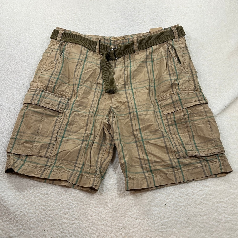 The Foundry Cargo Shorts Mens 46 British Khaki Plaid Belted 11 Inseam Cotton